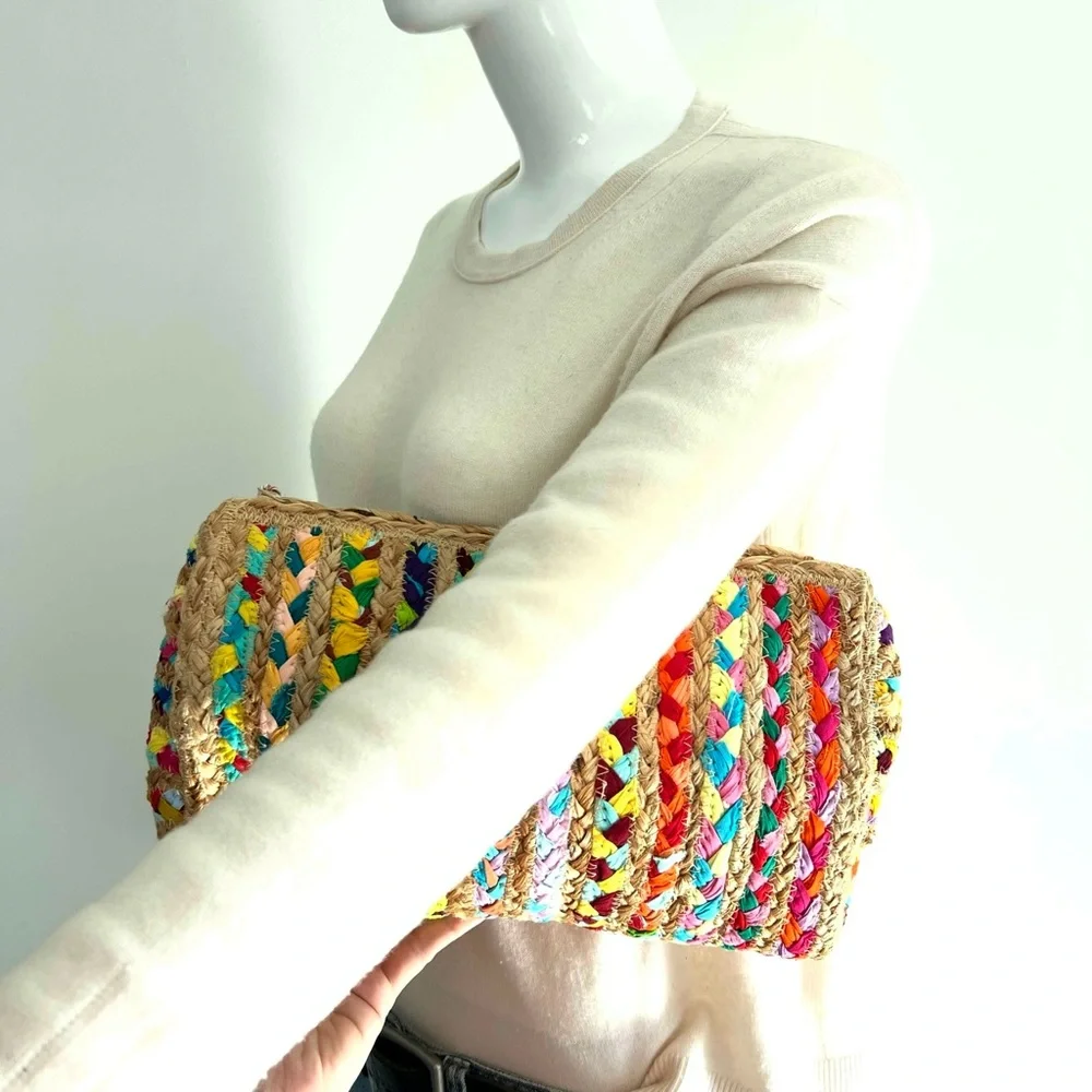 ANTIK KRAFT Beige Woven Jute Raffia Multicolor Braided Strip Fabrics Clutch NWT